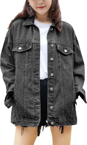 SeekMe Women's Oversized Jean Jacket Plus Size Button Down Washed Mid Long Denim Jacket
