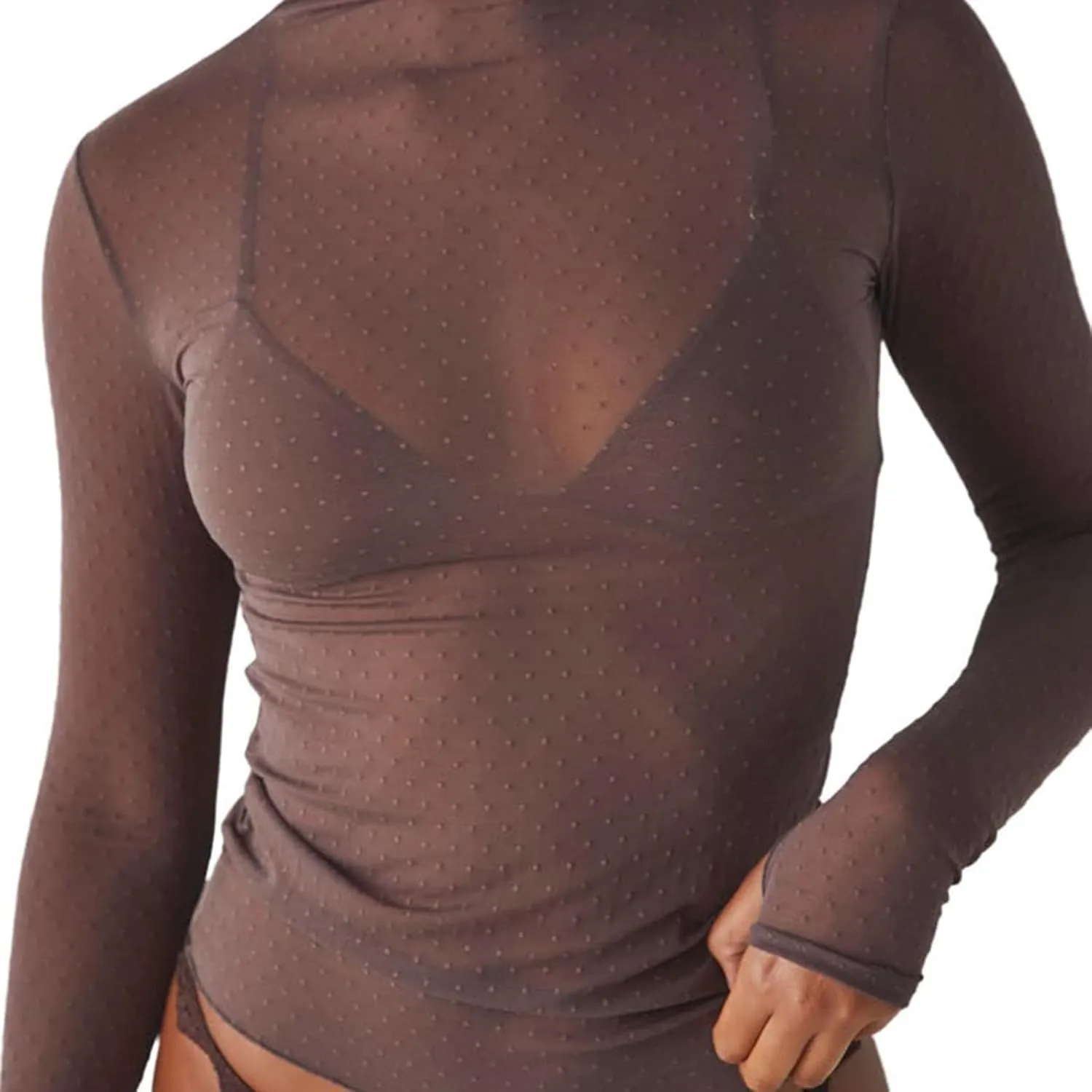 Sheer Mesh Long Sleeve Layering Top for Women Mock Neck Floral Lace Tshirt See Through Tee Shirt Blouse