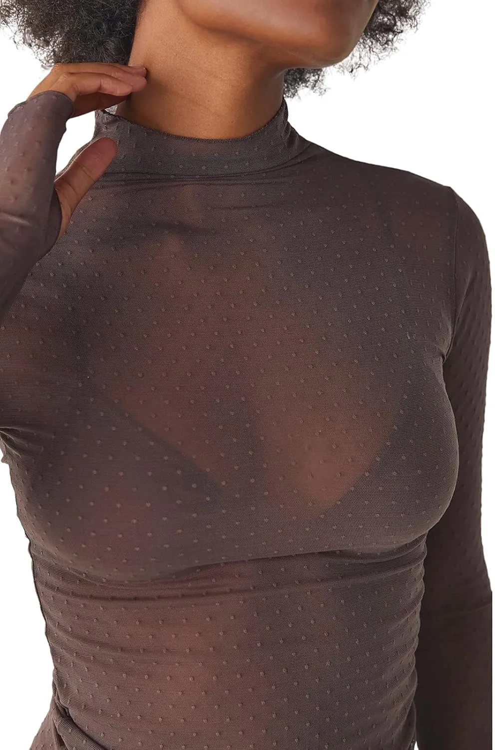 Sheer Mesh Long Sleeve Layering Top for Women Mock Neck Floral Lace Tshirt See Through Tee Shirt Blouse