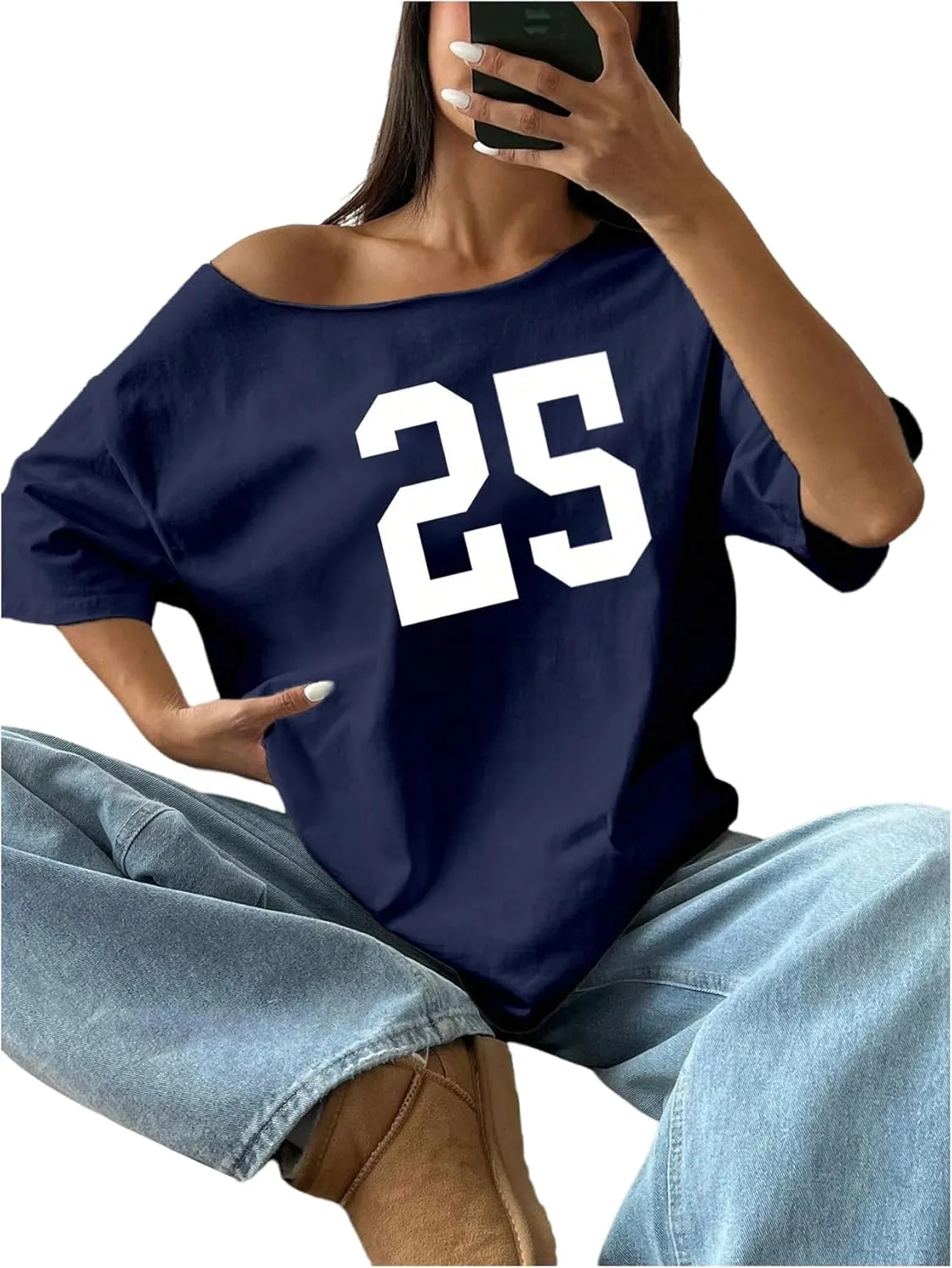 SOLY HUX Women's Jersey Shirts Oversized Grunge Graphic Tees Off The Shoulder Y2k Streetwear Short Sleeve Summer Tops