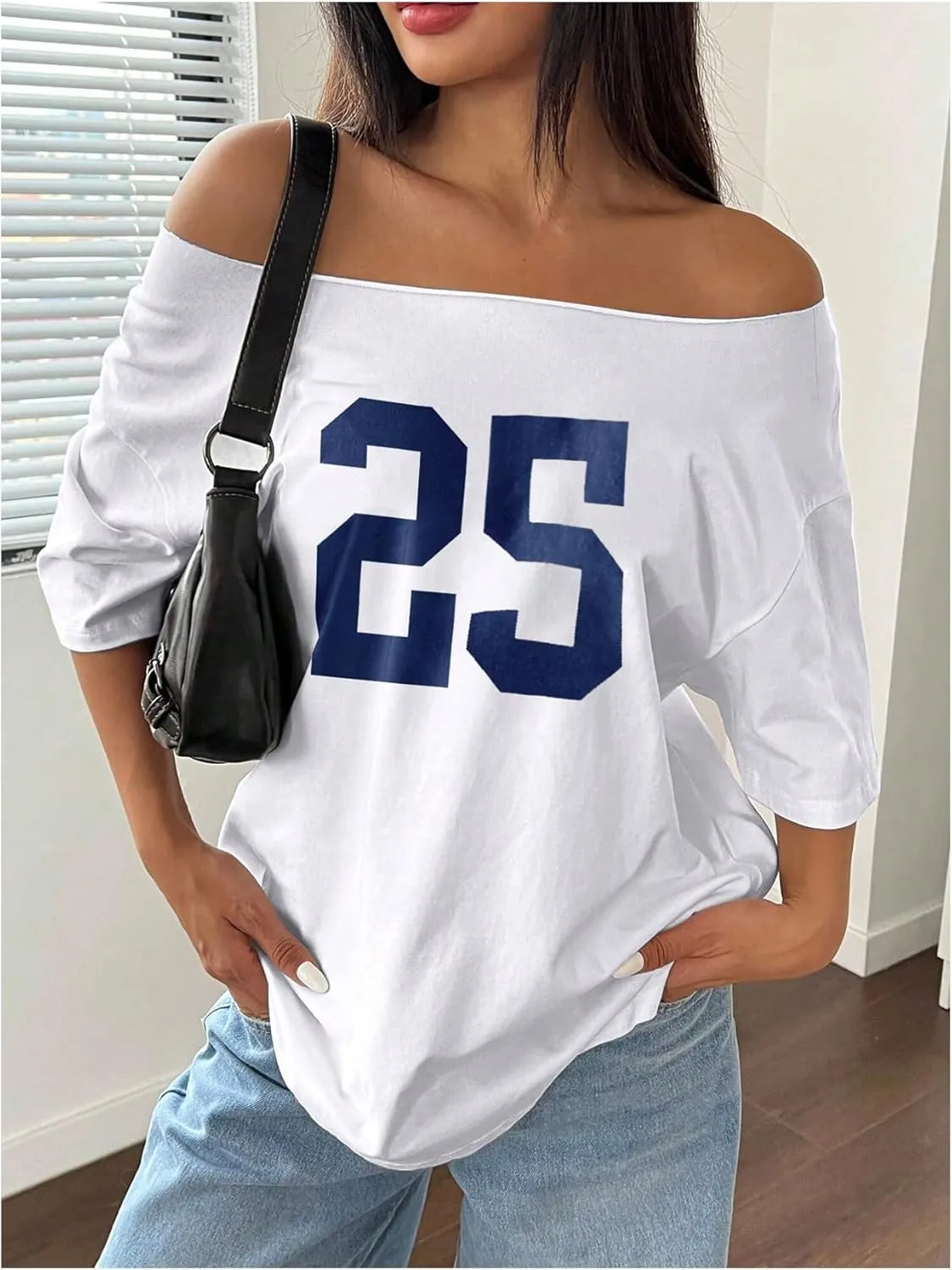 SOLY HUX Women's Jersey Shirts Oversized Grunge Graphic Tees Off The Shoulder Y2k Streetwear Short Sleeve Summer Tops
