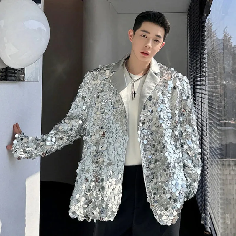 Trendy Sequin Blazer Men Niche Design Korean Chic Male Suit Jacket Temperament Lapel Single Breasted Top Spring 9C3764