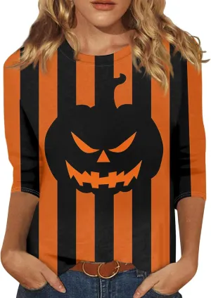 Women 3/4 Sleeve Halloween Plus Size Shirts Casual Fall Tops 2024 Crew Neck T shirt Long Tunic Tops