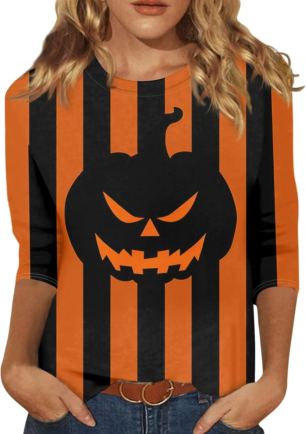 Women 3/4 Sleeve Halloween Plus Size Shirts Casual Fall Tops 2024 Crew Neck T shirt Long Tunic Tops
