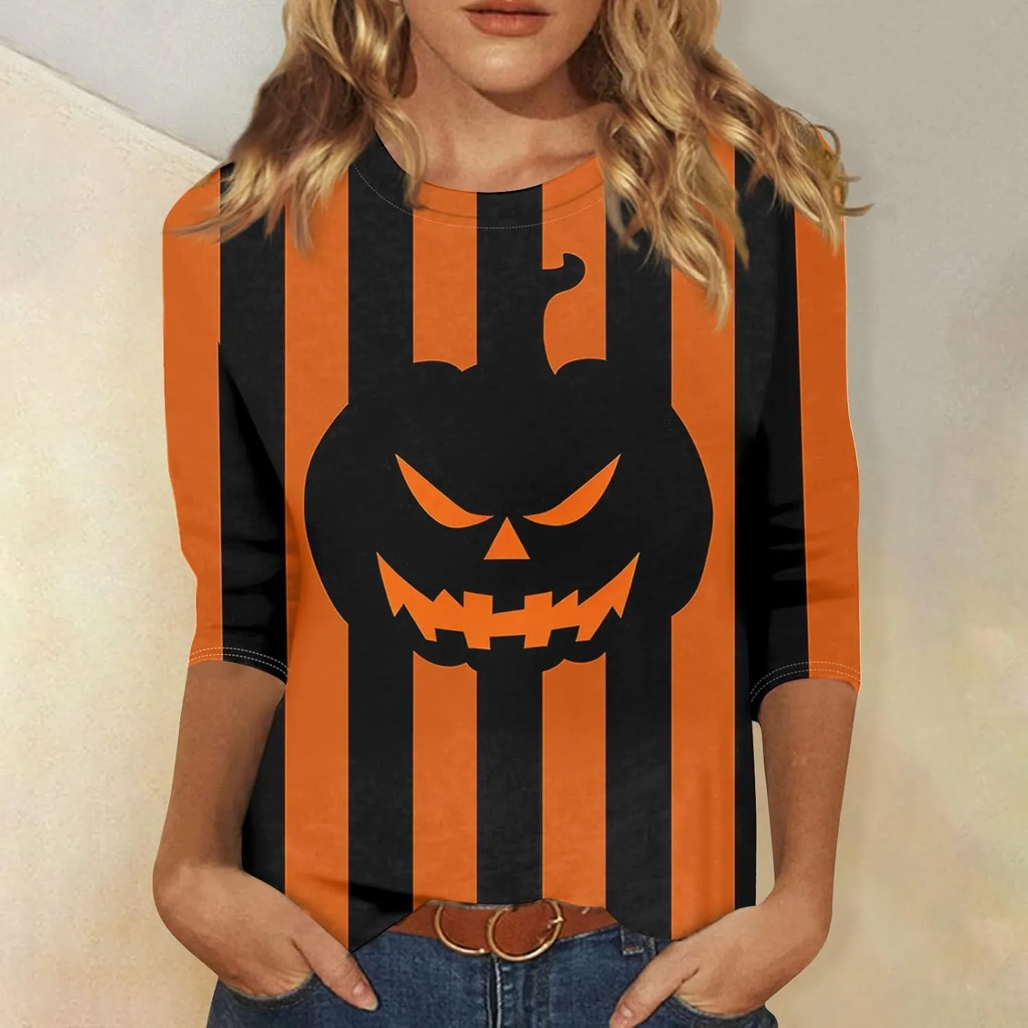Women 3/4 Sleeve Halloween Plus Size Shirts Casual Fall Tops 2024 Crew Neck T shirt Long Tunic Tops