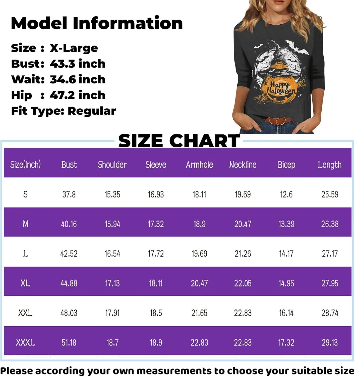 Women 3/4 Sleeve Halloween Plus Size Shirts Casual Fall Tops 2024 Crew Neck T shirt Long Tunic Tops