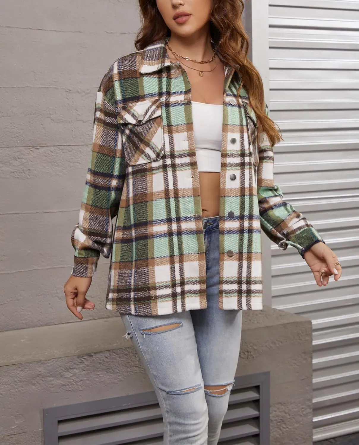 Womens Corduroy Button Down Shirt Long Sleeve Plaid Shackets Loose Business Casual Fashion Blouse Tops