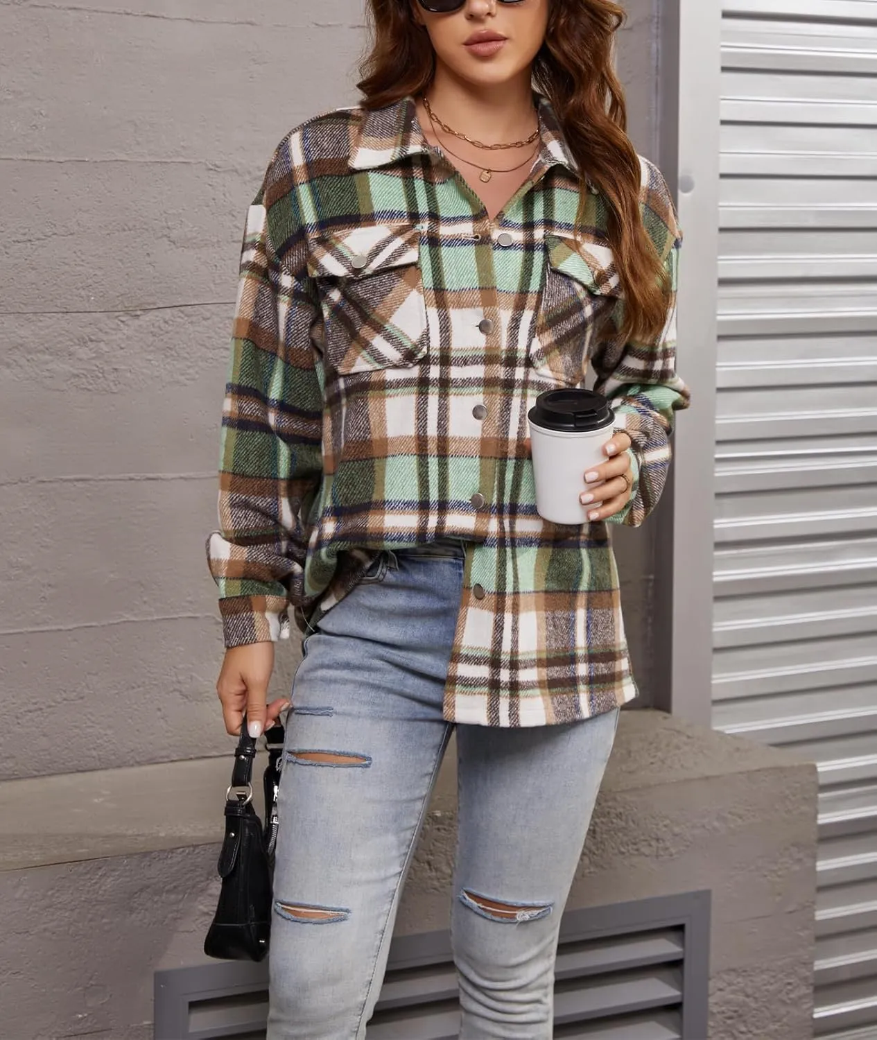 Womens Corduroy Button Down Shirt Long Sleeve Plaid Shackets Loose Business Casual Fashion Blouse Tops