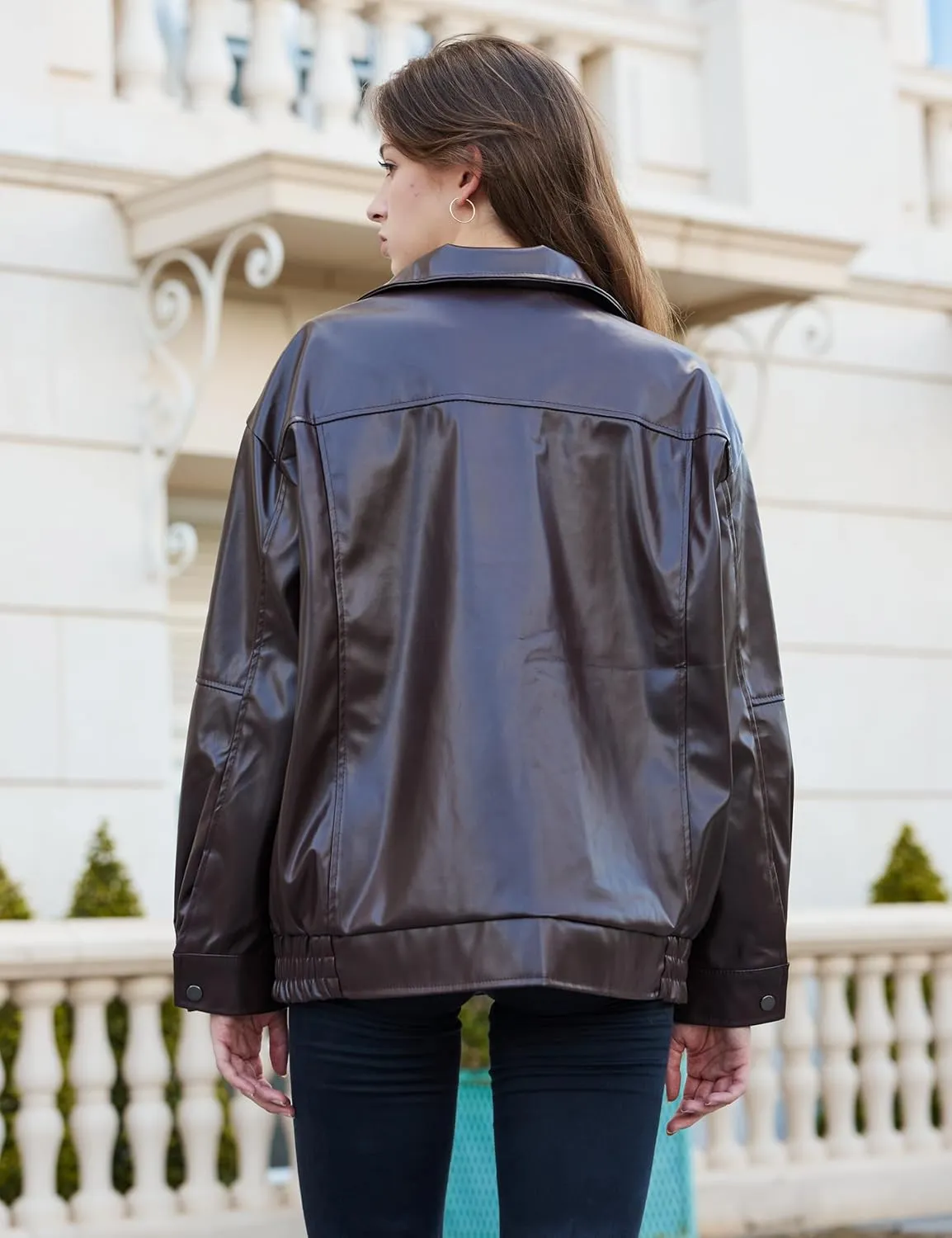 Womens Oversized Faux Leather Motocycle Jacket Zip Up Outwear Coat with Pockets