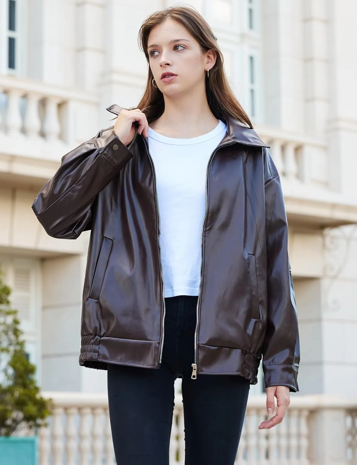 Womens Oversized Faux Leather Motocycle Jacket Zip Up Outwear Coat with Pockets