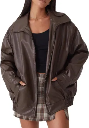 Womens Oversized Faux Leather Motocycle Jacket Zip Up Outwear Coat with Pockets