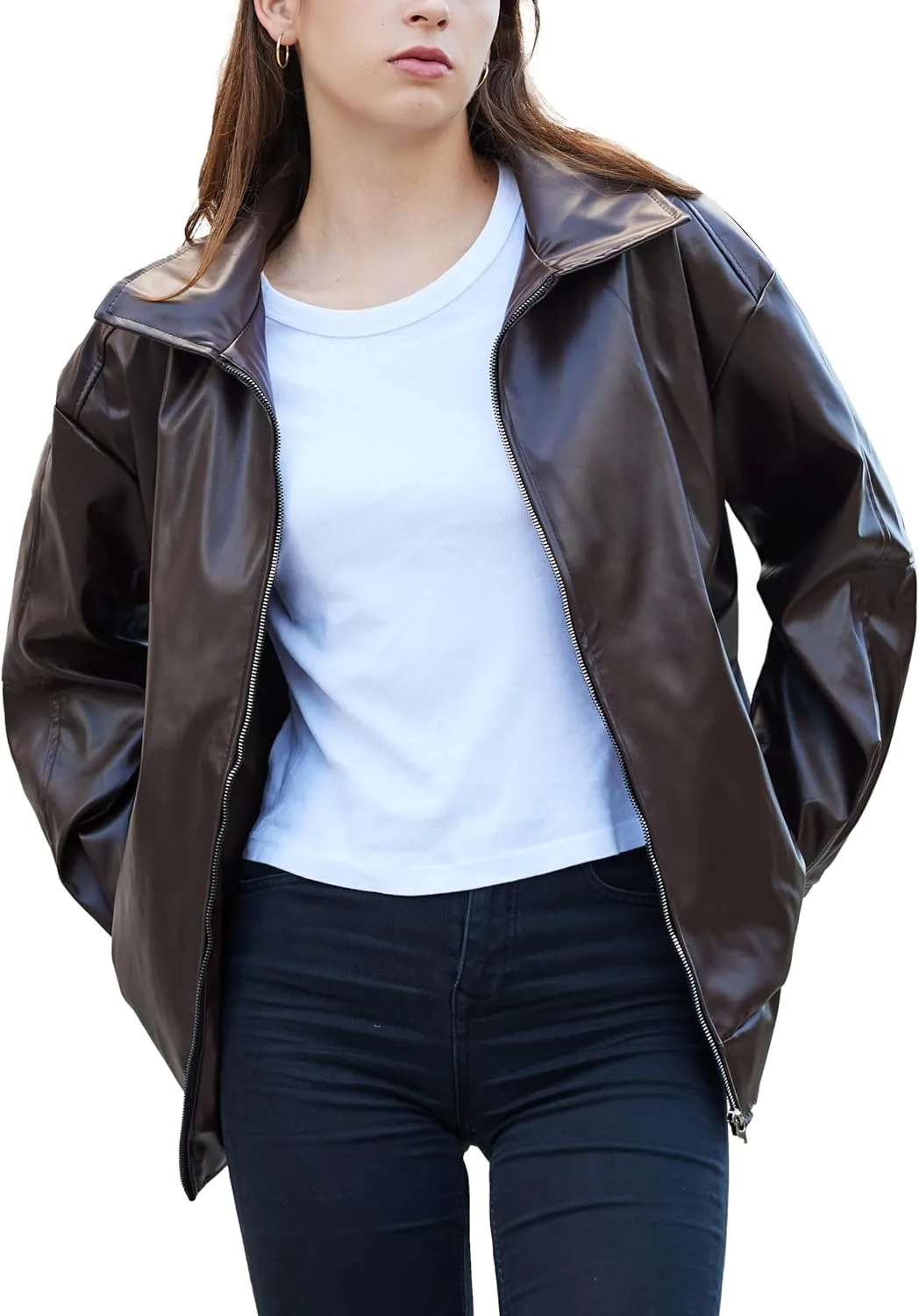 Womens Oversized Faux Leather Motocycle Jacket Zip Up Outwear Coat with Pockets