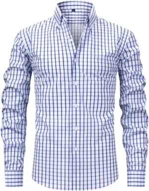 Xiaojmake Mens Plaid Dress Shirts Casual Slim Fit Long Sleeve Button Down Gingham Daily Shirt Regular Fit Lapel Work Shirts