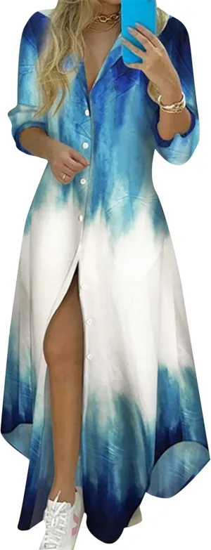 YMING Womens Long Sleeve Button Down Shirt Dresses Casual Floral Print Maxi Dress Loose Fit Split Blouse Dress