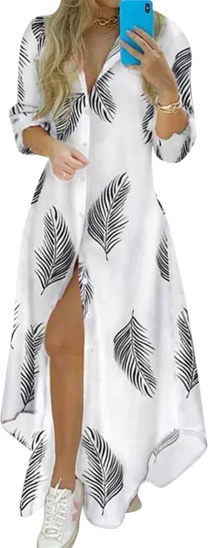 YMING Womens Long Sleeve Button Down Shirt Dresses Casual Floral Print Maxi Dress Loose Fit Split Blouse Dress