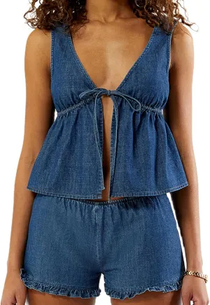 Yoawdats Women's Denim 2 Piece Set Casual Sleeveless Jean Blazer Vest Tops and Shorts Business Outfit Jeans Tracksuits