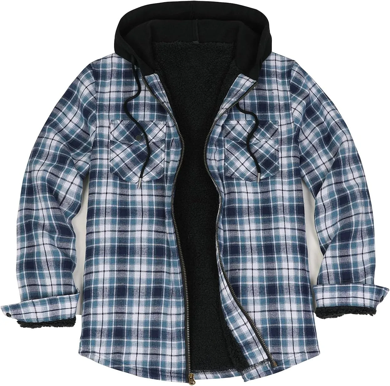 ZENTHACE Men's Sherpa Lined Full Zip Hooded Plaid Shirt Jacket