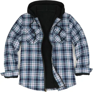 ZENTHACE Men's Sherpa Lined Full Zip Hooded Plaid Shirt Jacket