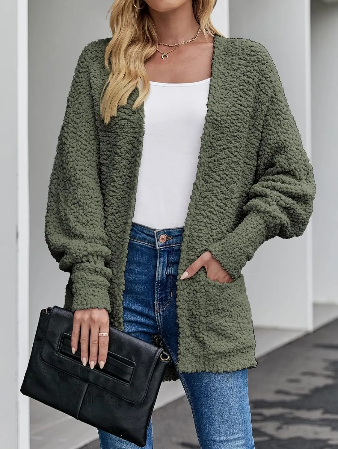 ZESICA Women's Fall Winter Popcorn Long Sleeve Open Front Chunky Knit Oversized Cardigan Sweater Coat